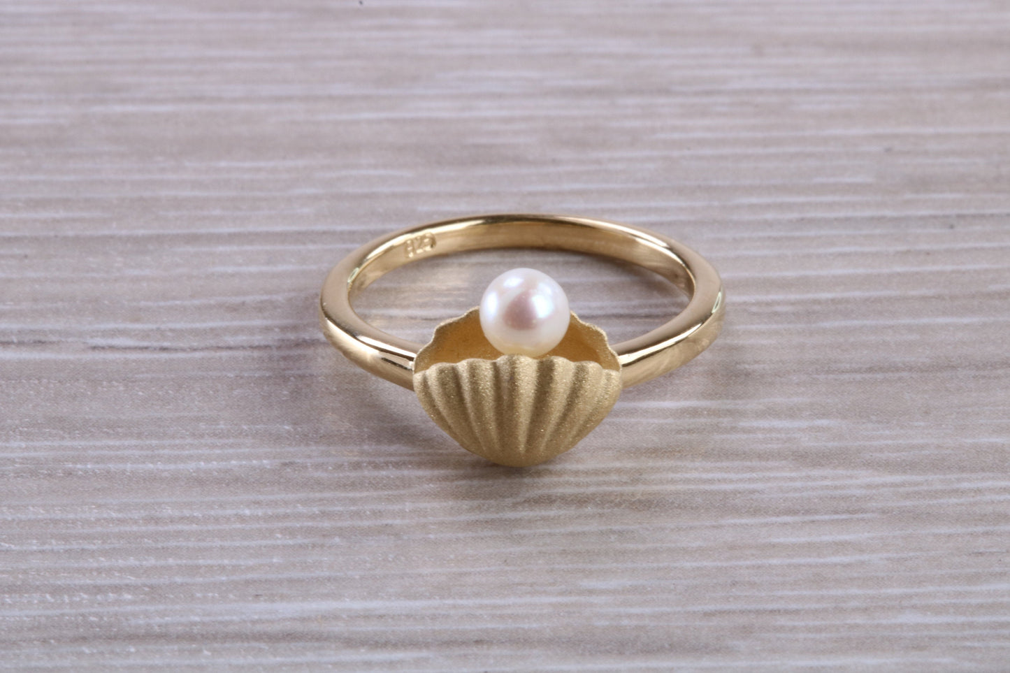 Real Pearl set Shell Ring, made from solid sterling silver with 18ct Yellow Gold plating, suitable for all ages