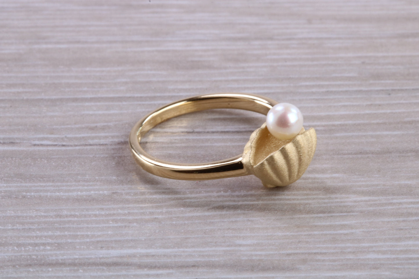Real Pearl set Shell Ring, made from solid sterling silver with 18ct Yellow Gold plating, suitable for all ages
