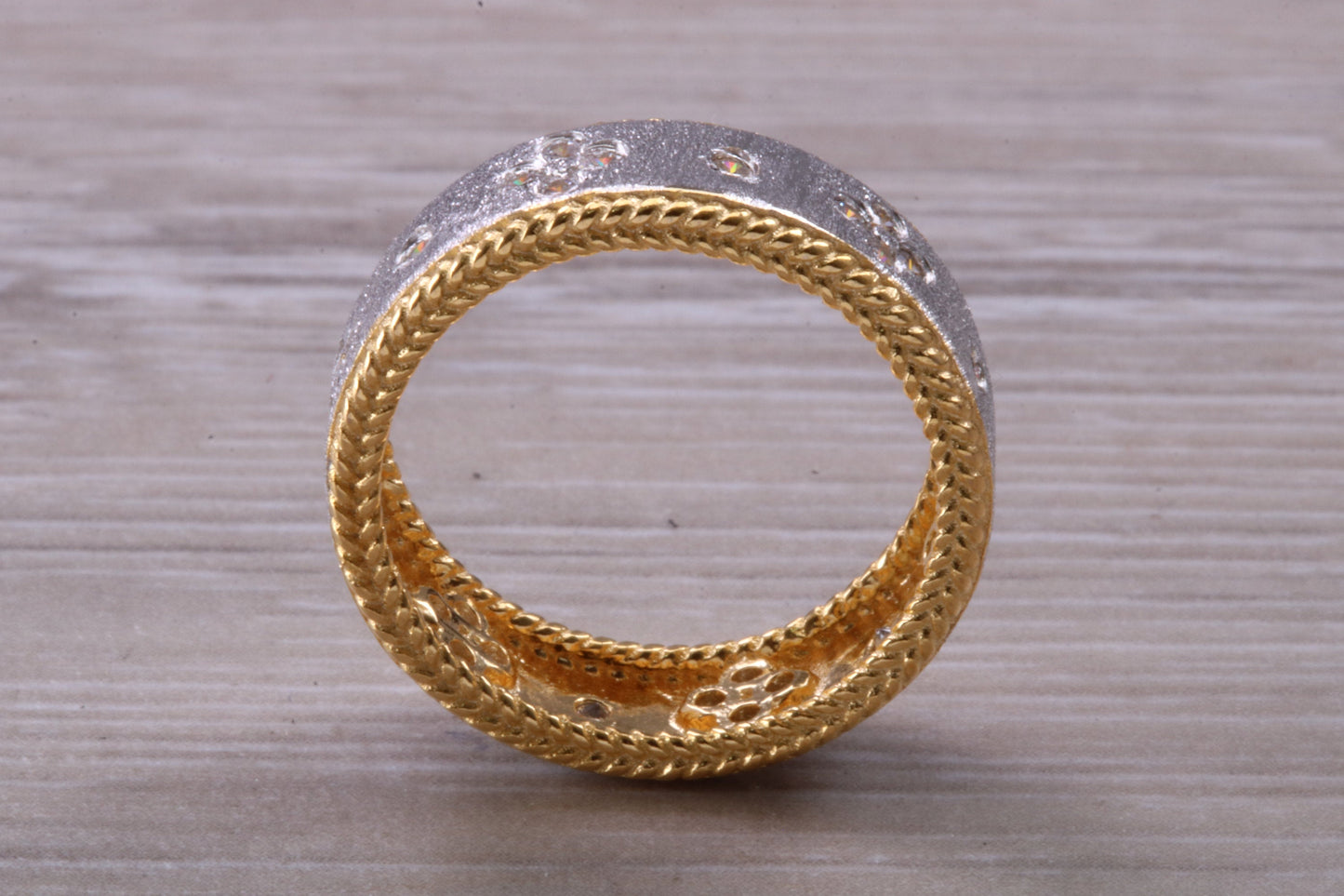 Sterling Silver Rose Gold 7 mm wide band, 18ct Rose and Rhodium Gold plated and set with Diamond White C Z