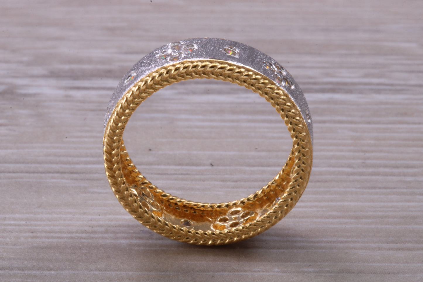 Sterling Silver Gold 7 mm wide band, 18ct Yellow Gold plated and set with Diamond White C Z
