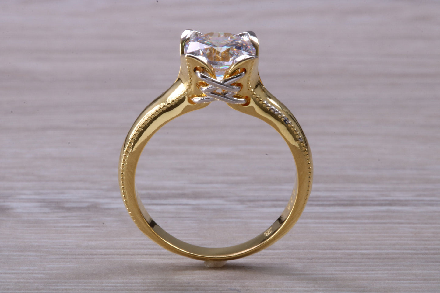 Large Two ct size Diamond White C Z ring, Beautiful and absolutely stunning ring, Sterling Silver with 18ct Yellow Gold Plating