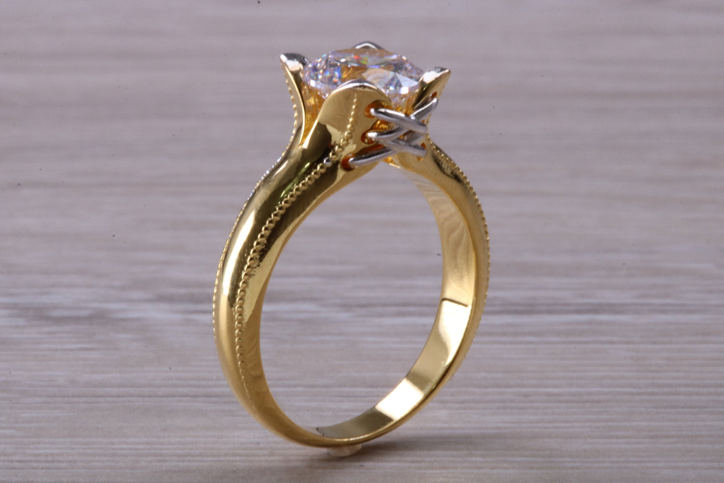 Large Two ct size Diamond White C Z ring, Beautiful and absolutely stunning ring, Sterling Silver with 18ct Yellow Gold Plating