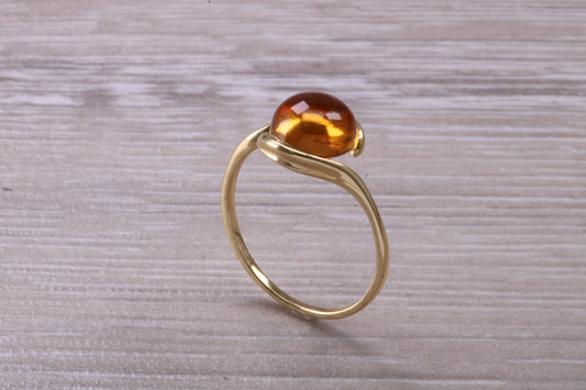 Beautiful Cabochon cut Citrine ring, solid 9ct Yellow Gold, British hallmarked, Dainty and very colourful ring