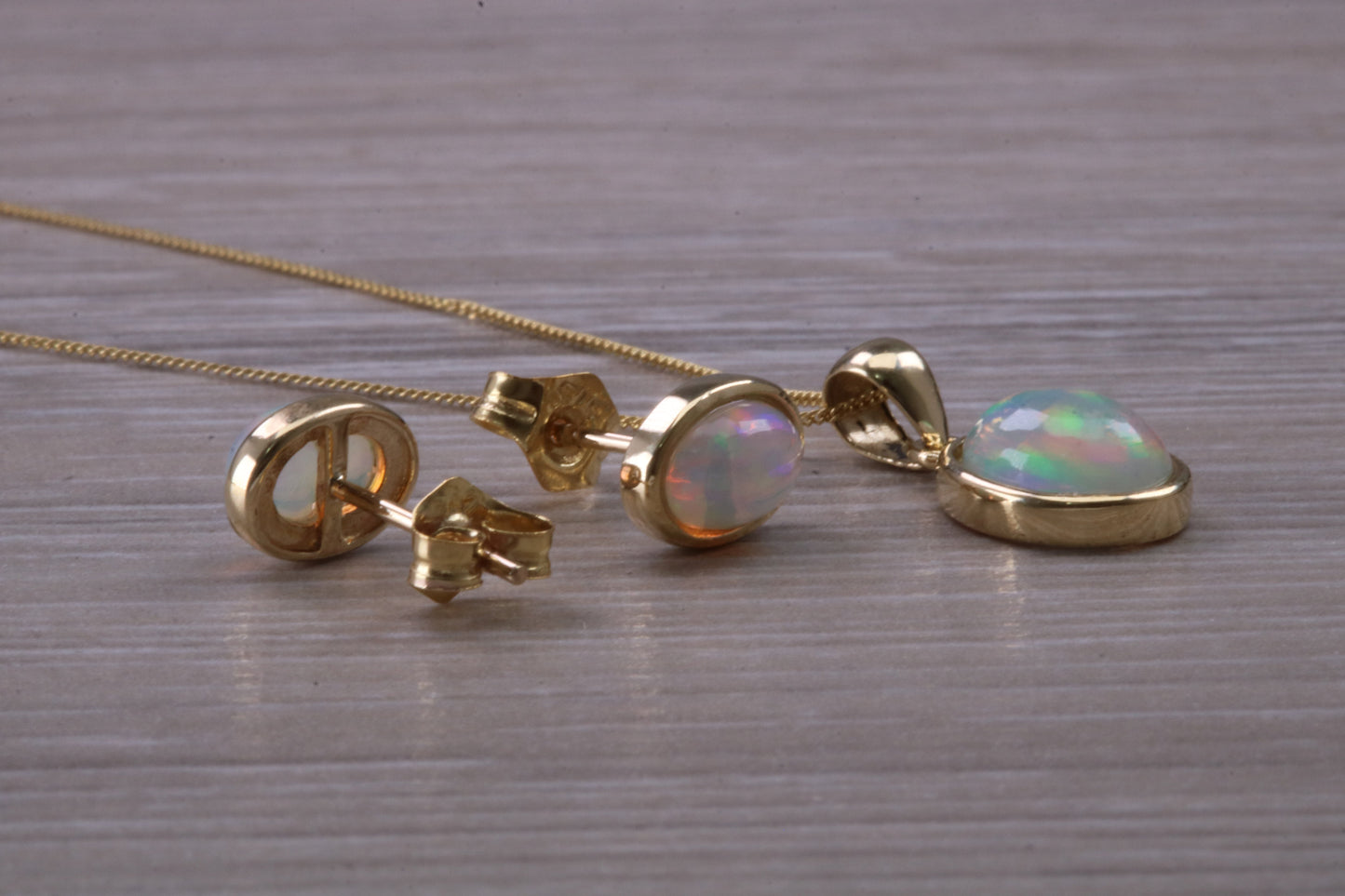 Fiery Natural Opal Earrings and Necklace Set, Solid 9ct Yellow Gold