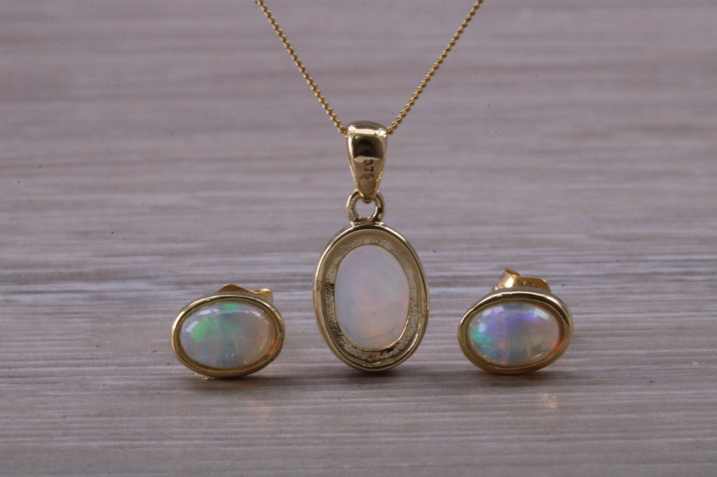 Fiery Natural Opal Earrings and Necklace Set, Solid 9ct Yellow Gold