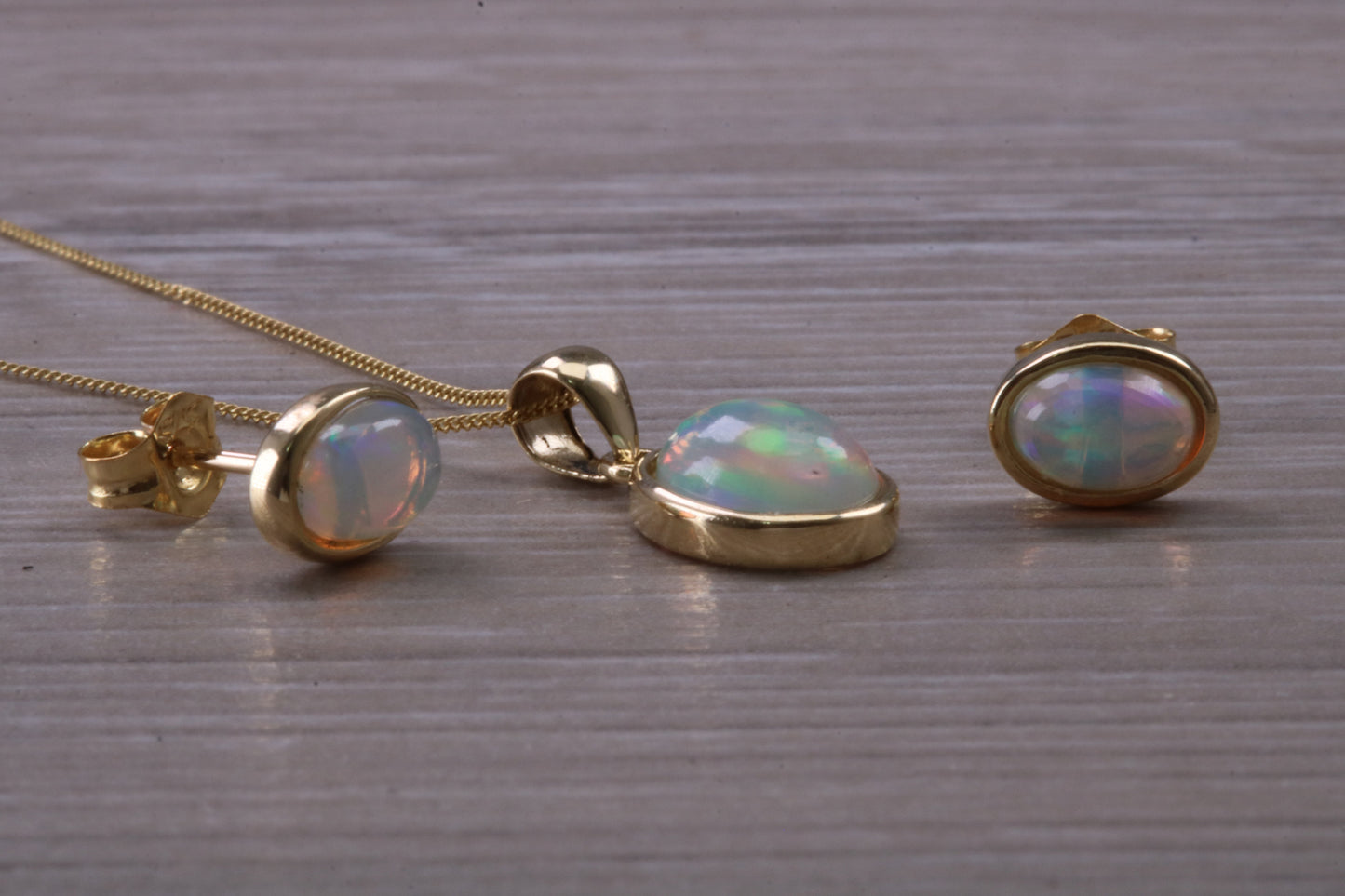 Fiery Natural Opal Earrings and Necklace Set, Solid 9ct Yellow Gold