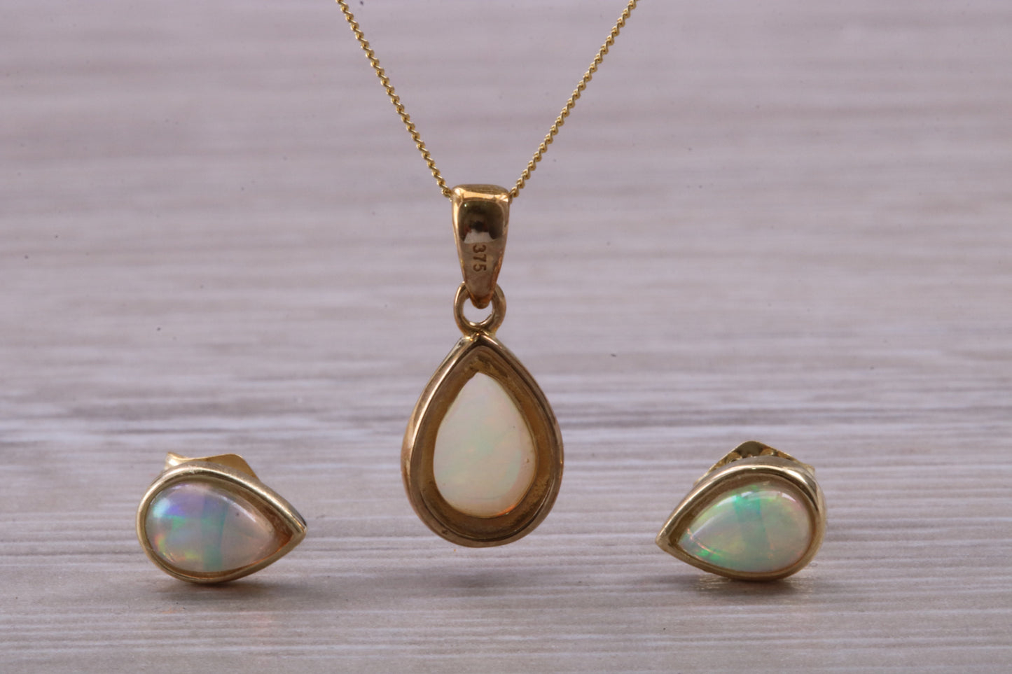 Fiery Natural Opal Earrings and Necklace Set, Solid 9ct Yellow Gold