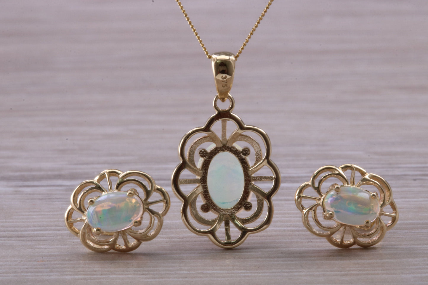Fiery Natural Opal Earrings and Necklace Set, Solid 9ct Yellow Gold
