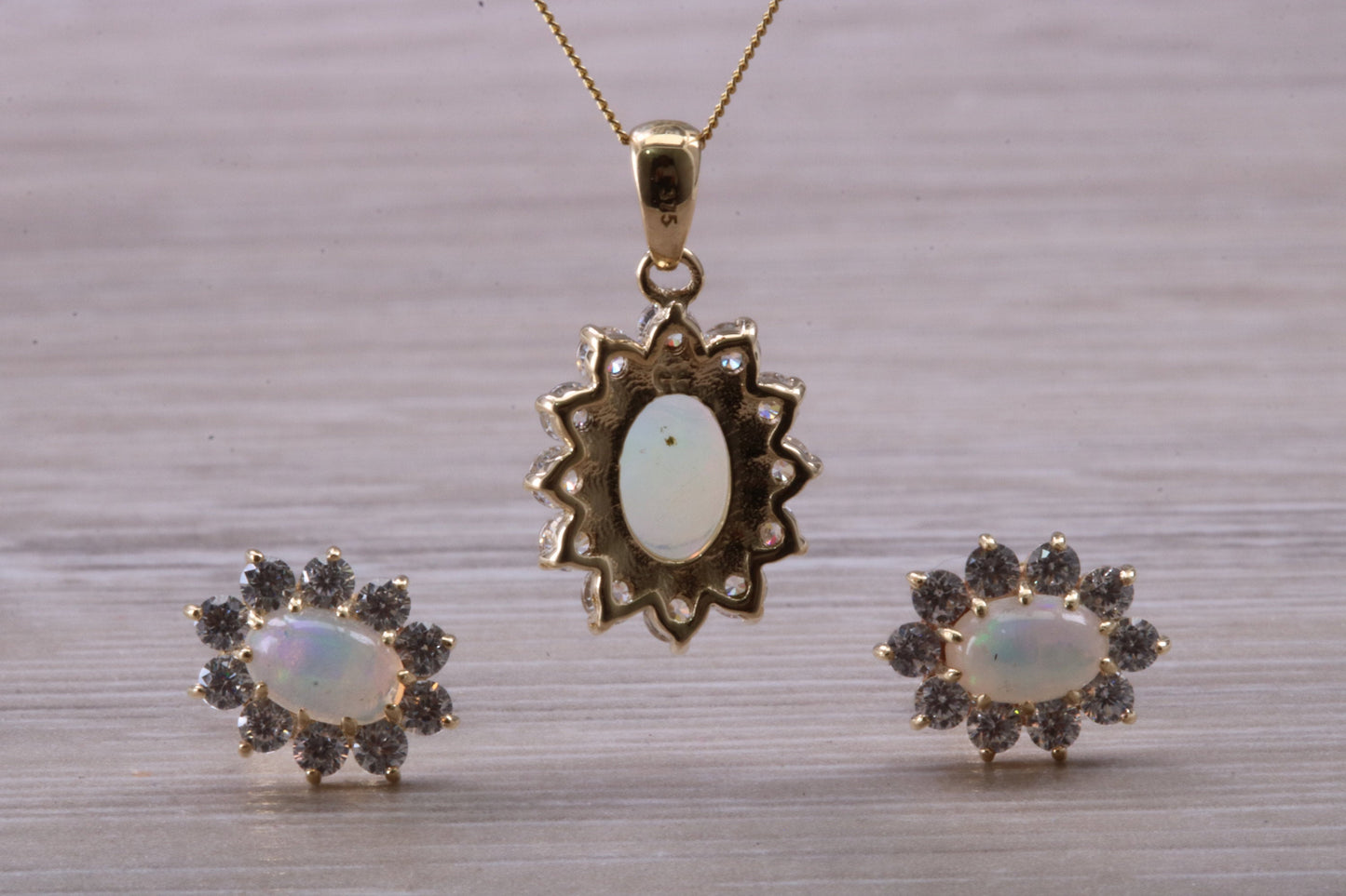 Fiery Natural Opal Earrings and Necklace Set, Solid 9ct yellow gold