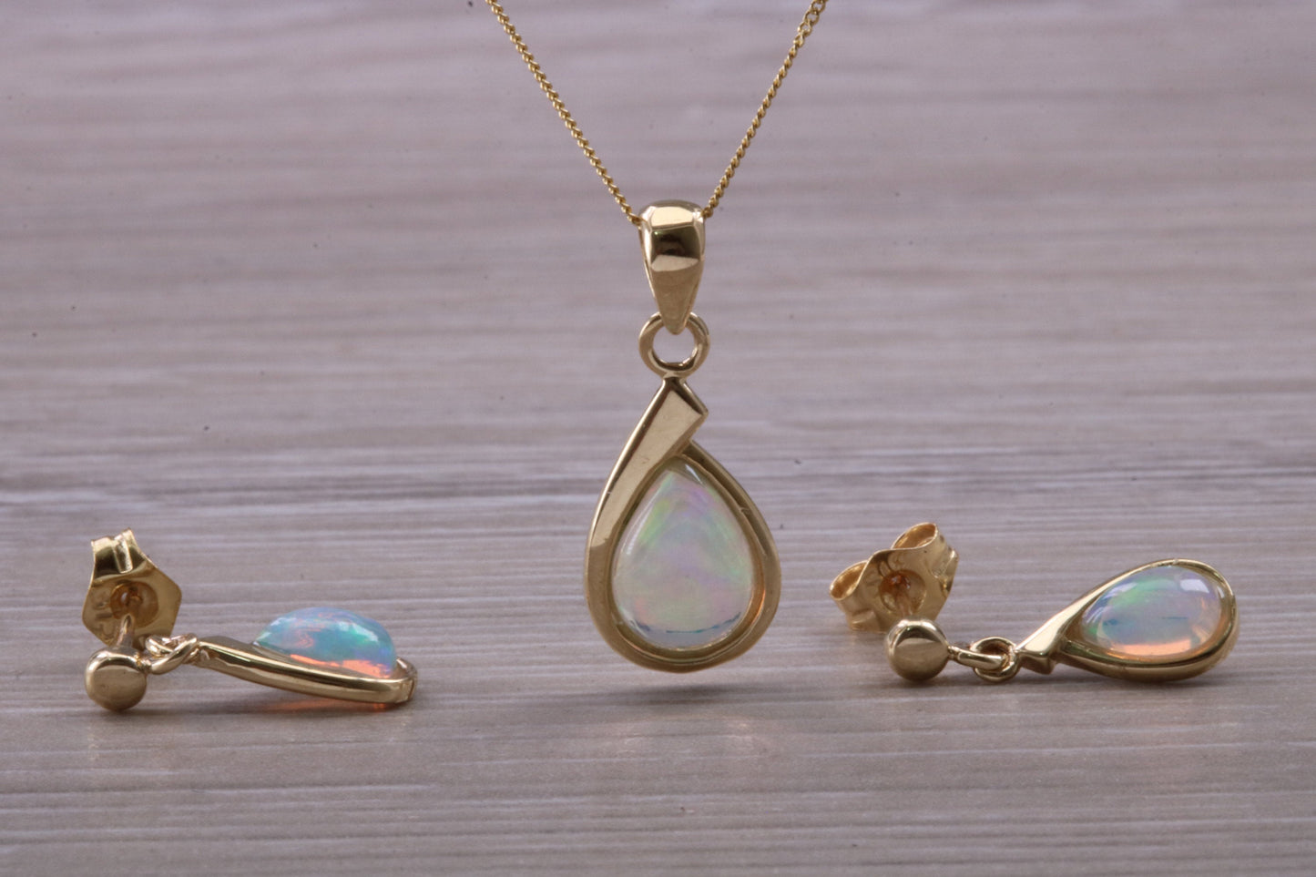 Fiery Natural Opal Dropper Earrings and Necklace Set, Solid 9ct Yellow Gold