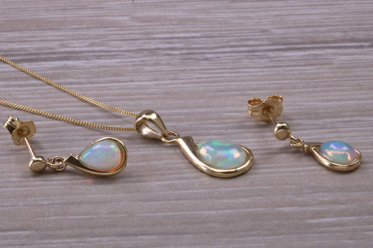 Fiery Natural Opal Dropper Earrings and Necklace Set, Solid 9ct Yellow Gold