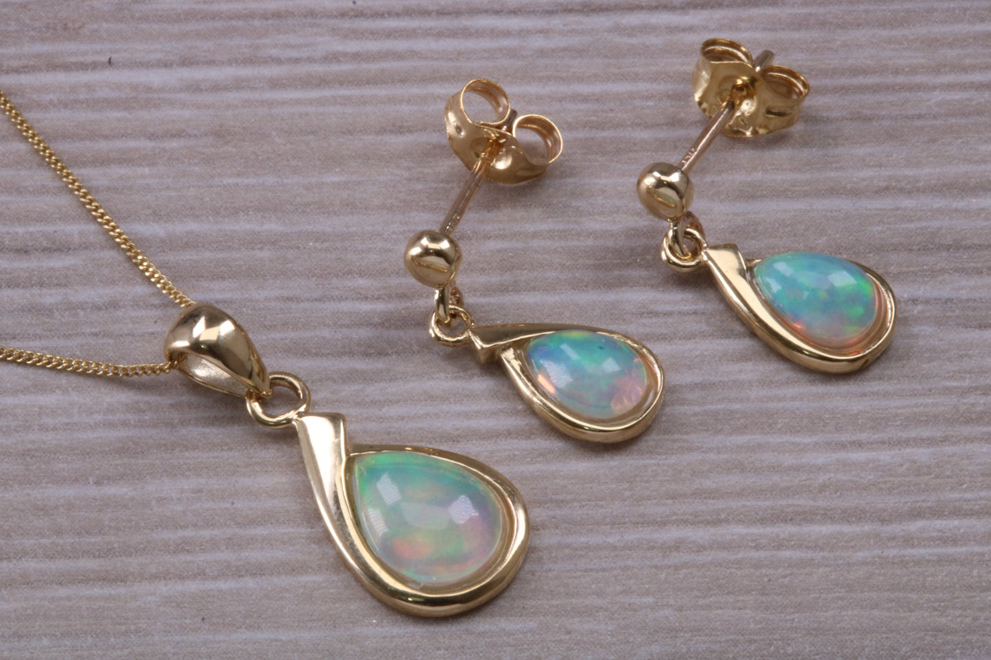 Fiery Natural Opal Dropper Earrings and Necklace Set, Solid 9ct Yellow Gold