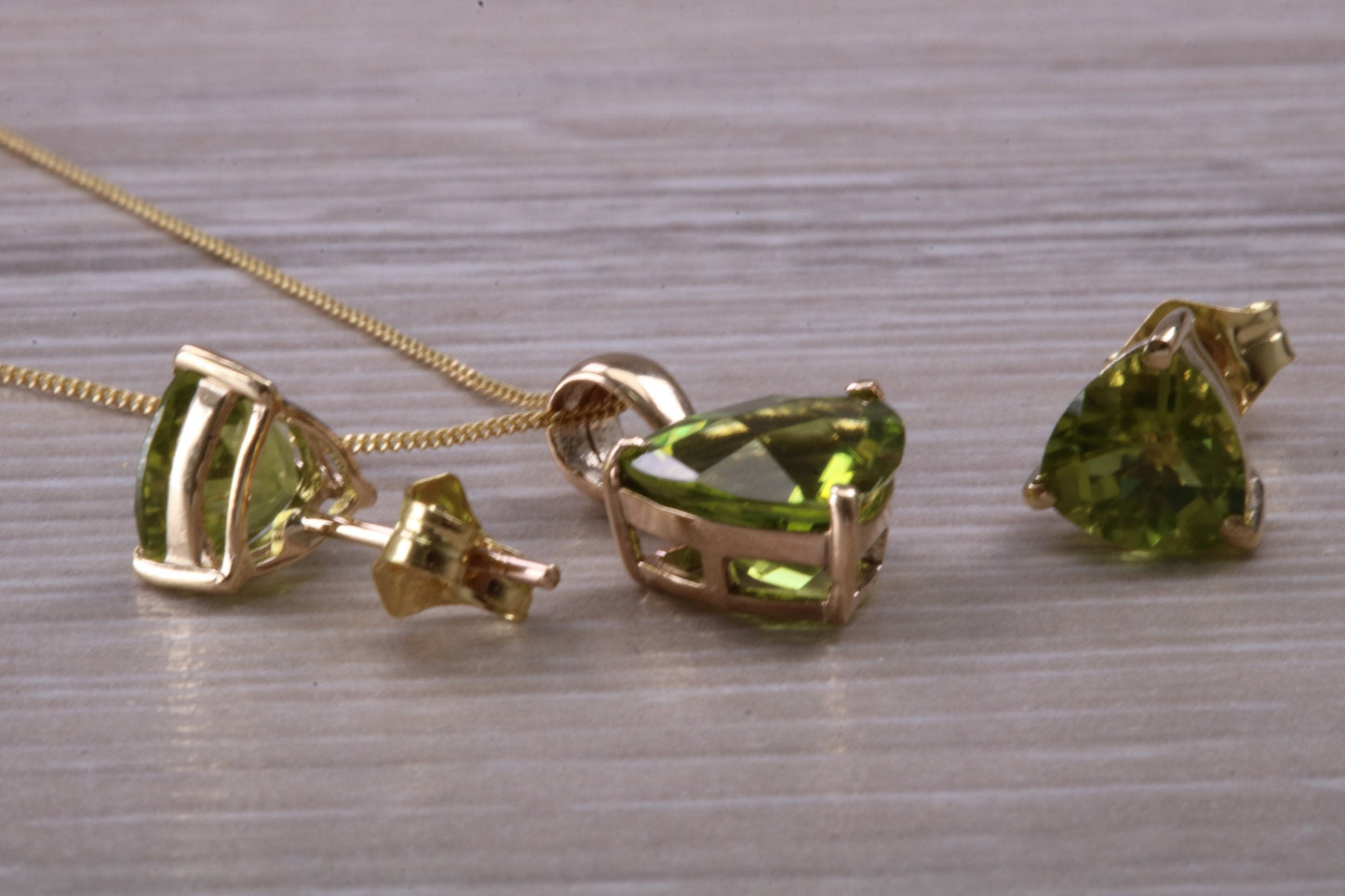 Peridot Earrings and Necklace Set, Solid 9ct Yellow Gold