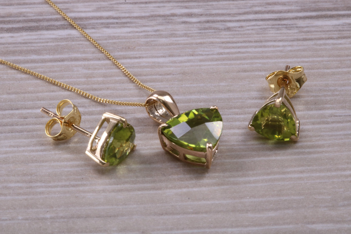 Peridot Earrings and Necklace Set, Solid 9ct Yellow Gold