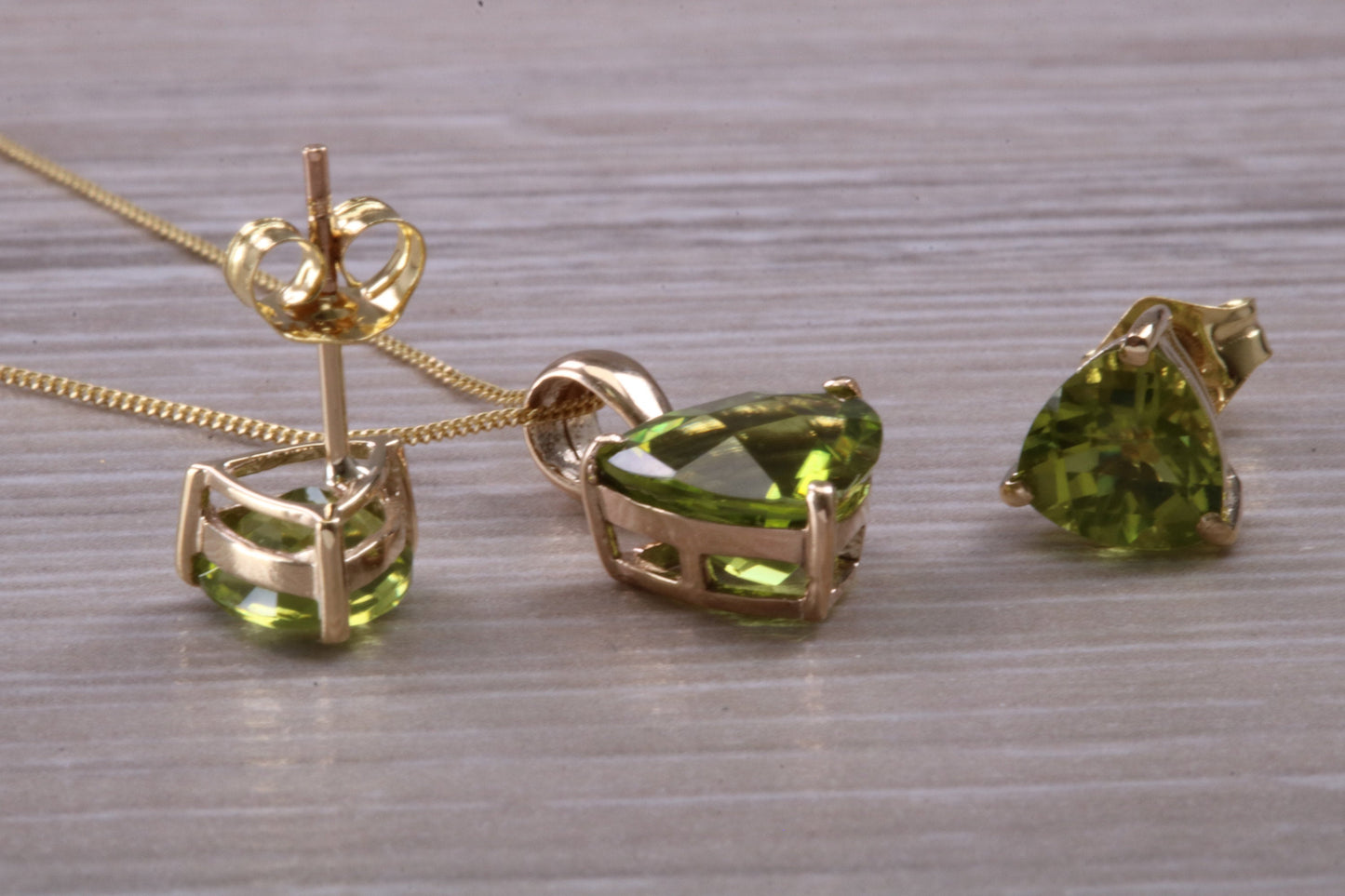 Peridot Earrings and Necklace Set, Solid 9ct Yellow Gold