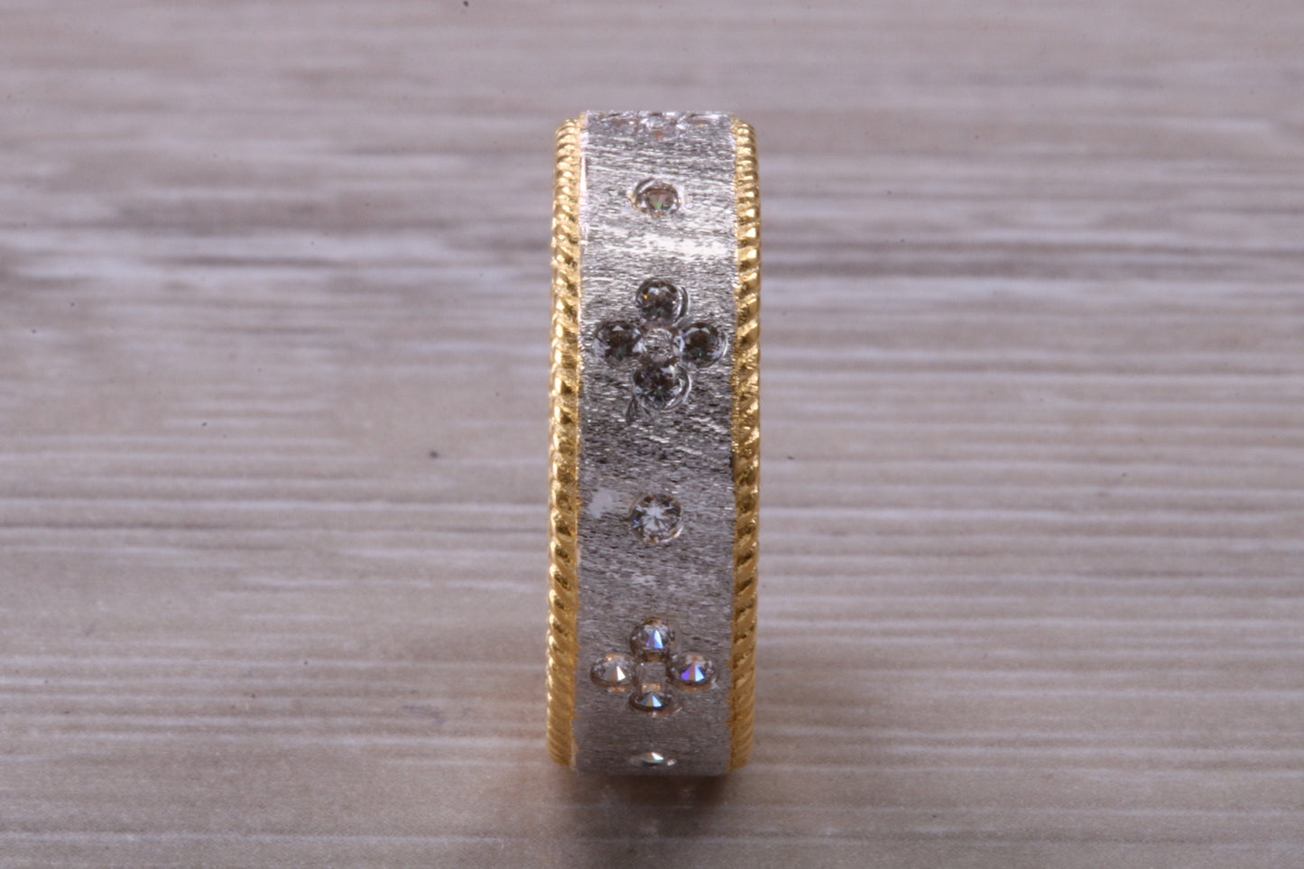Sterling Silver Rose Gold 7 mm wide band, 18ct Rose and Rhodium Gold plated and set with Diamond White C Z