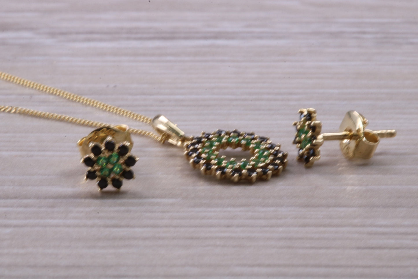 9ct Yellow Gold Real Sapphire and Real Emerald Necklace and Matching Earrings