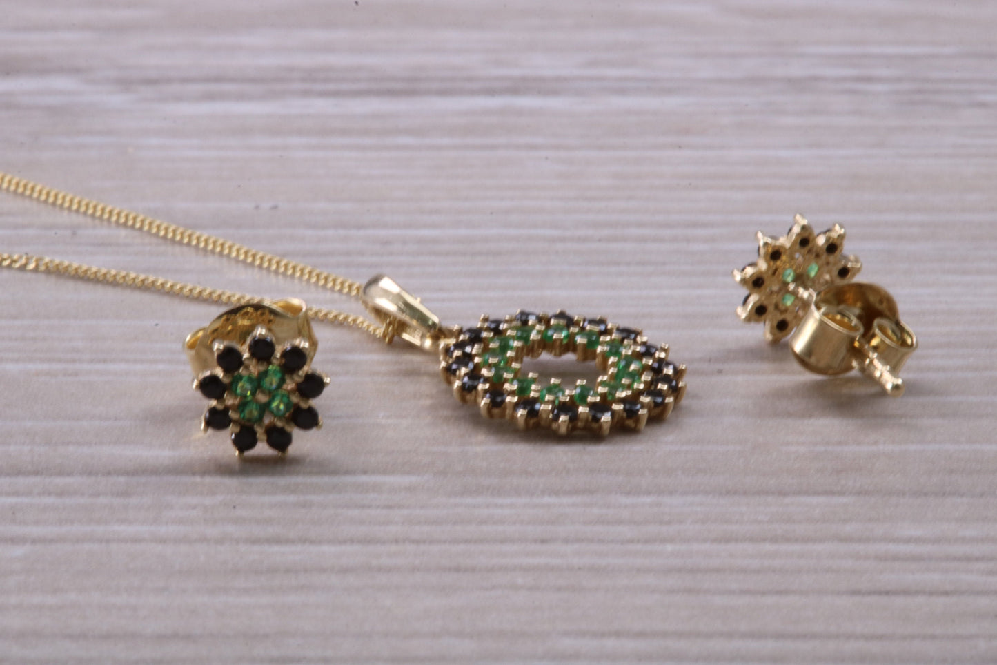 9ct Yellow Gold Real Sapphire and Real Emerald Necklace and Matching Earrings