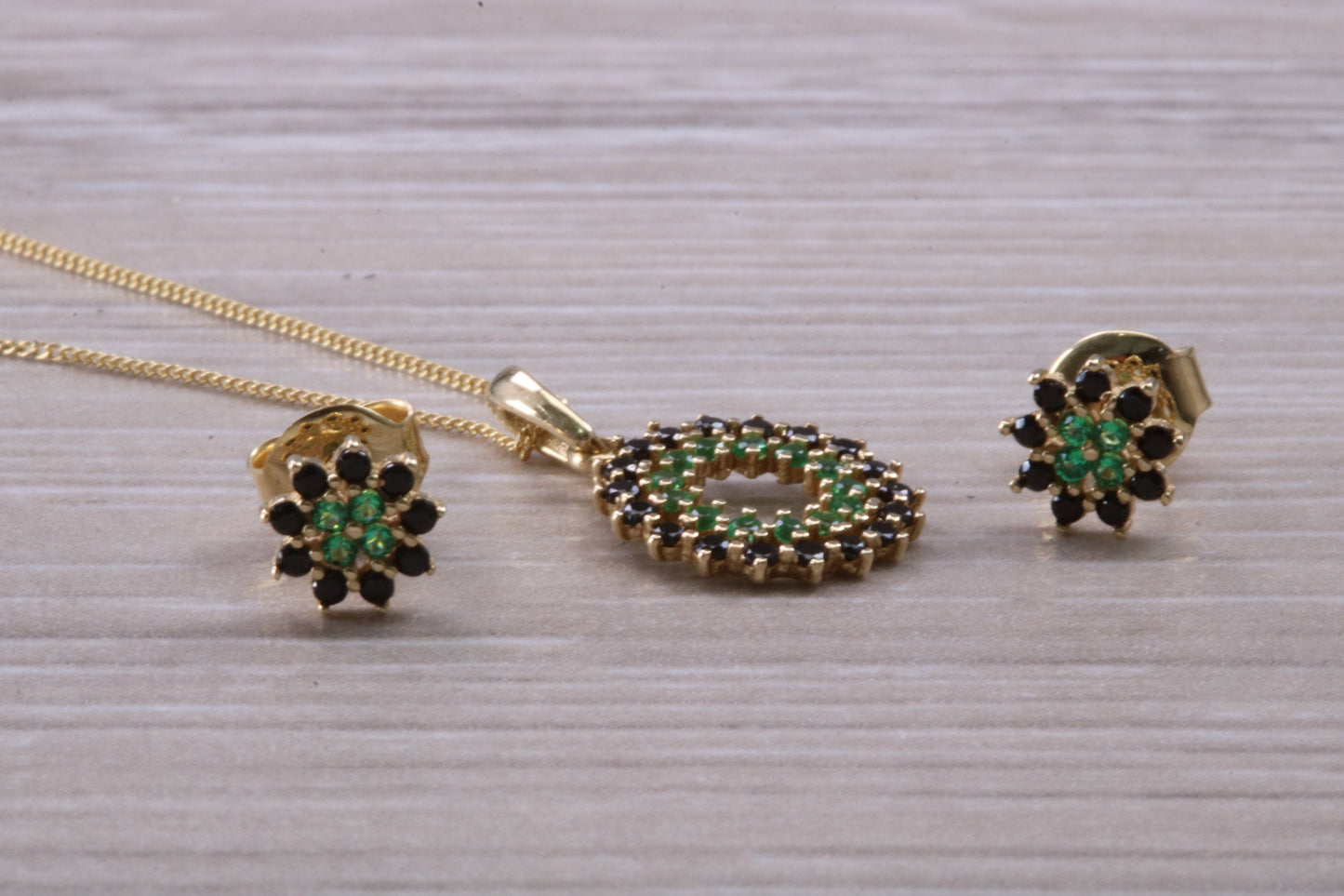 9ct Yellow Gold Real Sapphire and Real Emerald Necklace and Matching Earrings