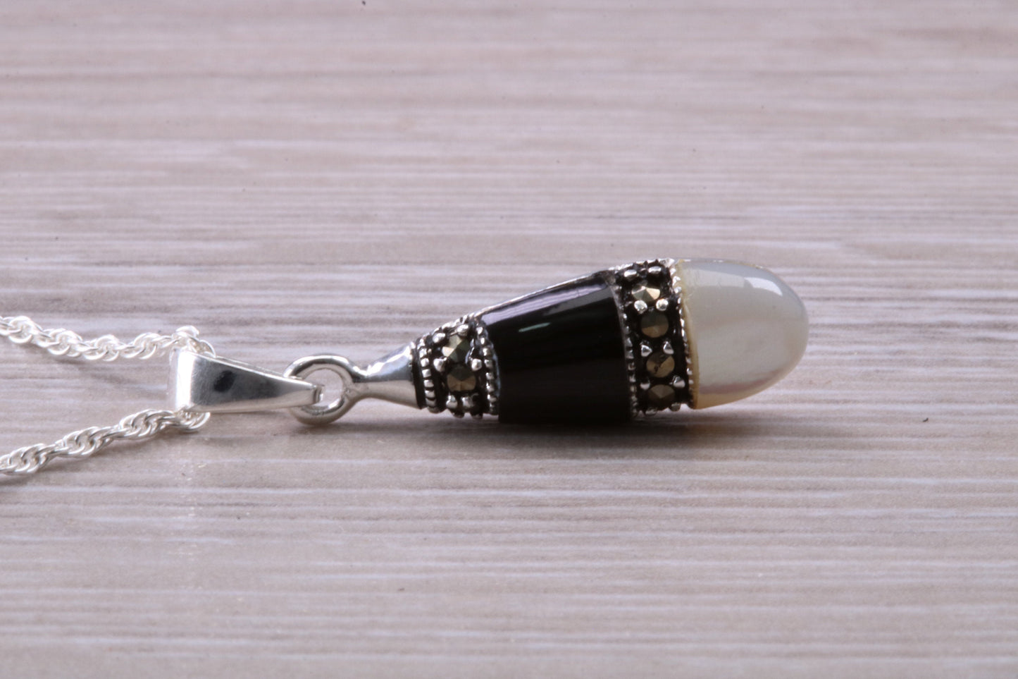 Black Onyx, Mother of Pearl and Marcasite Necklace