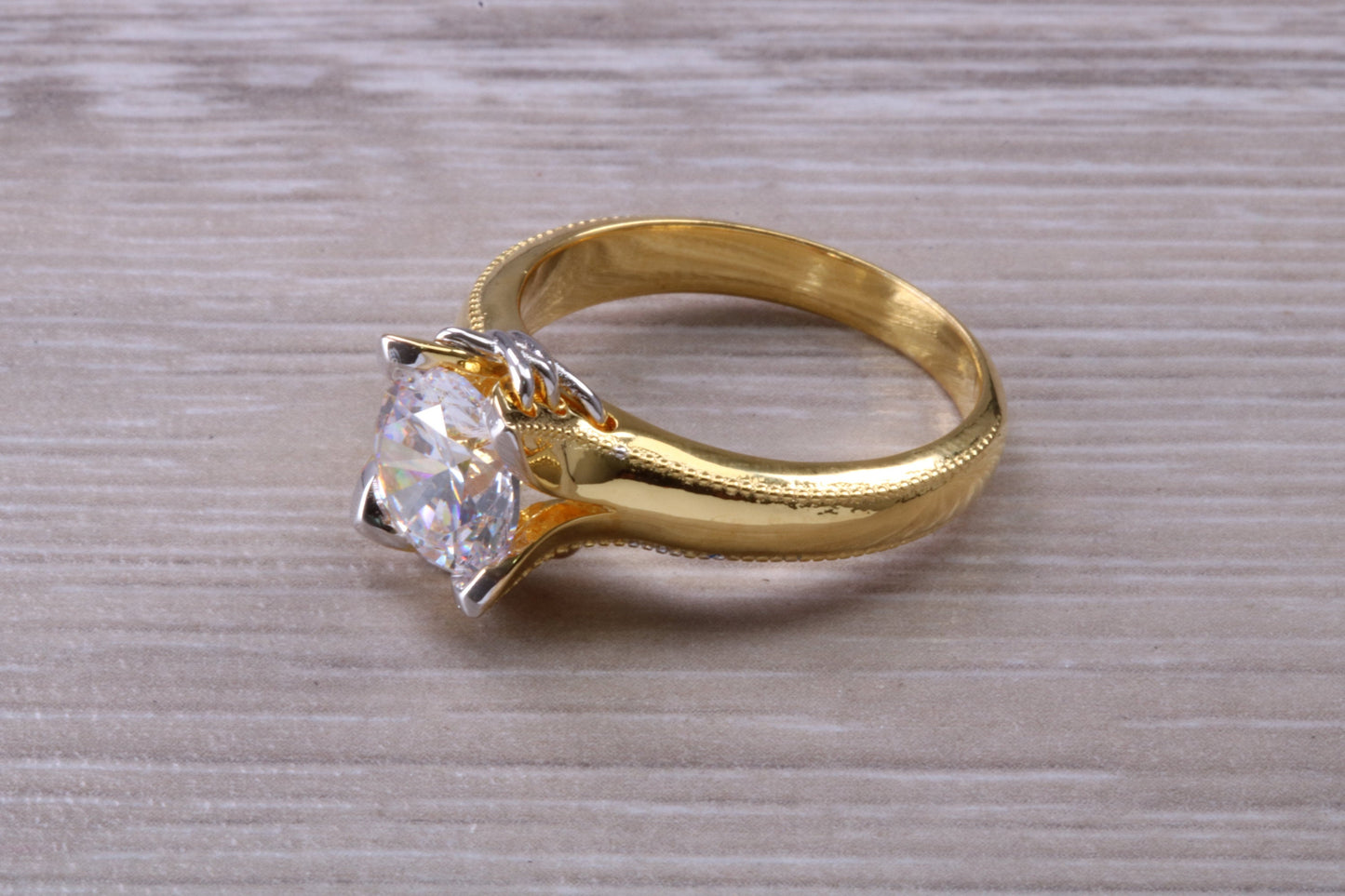 Large Two ct size Diamond White C Z ring, Beautiful and absolutely stunning ring, Sterling Silver with 18ct Yellow Gold Plating