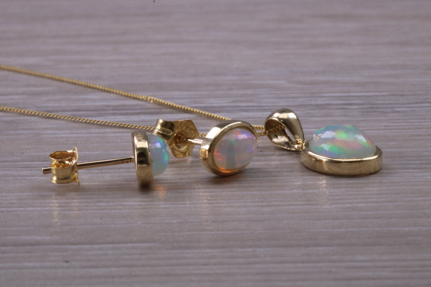 Fiery Natural Opal Earrings and Necklace Set, Solid 9ct Yellow Gold