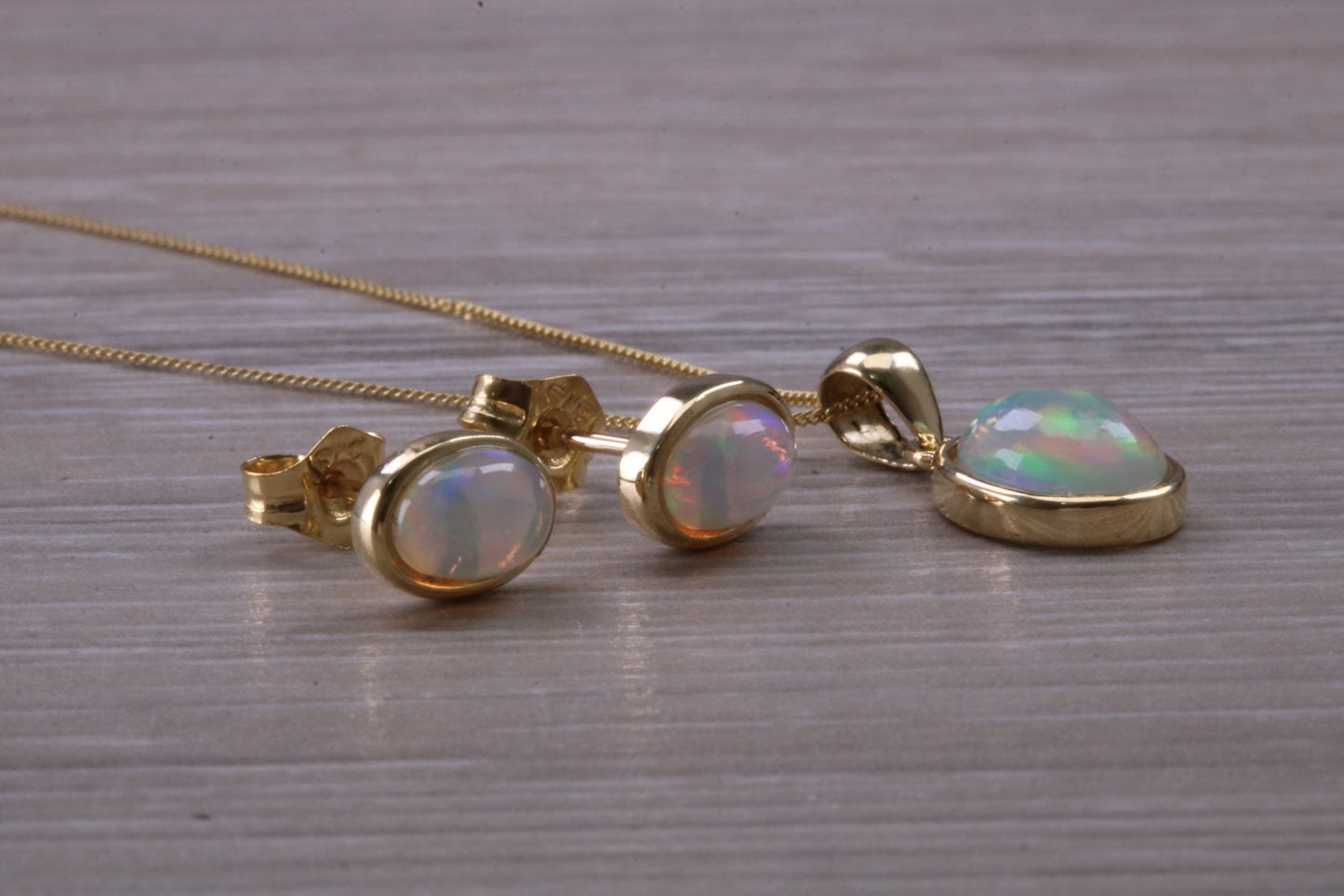 Fiery Natural Opal Earrings and Necklace Set, Solid 9ct Yellow Gold