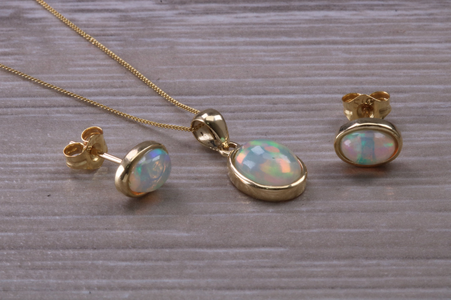 Fiery Natural Opal Earrings and Necklace Set, Solid 9ct Yellow Gold