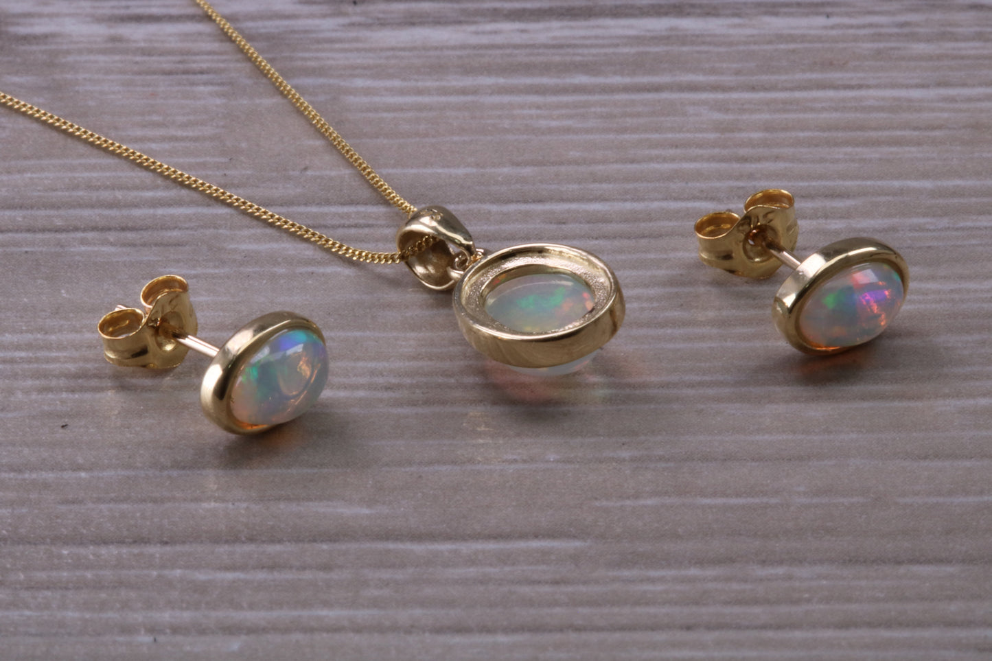 Fiery Natural Opal Earrings and Necklace Set, Solid 9ct Yellow Gold