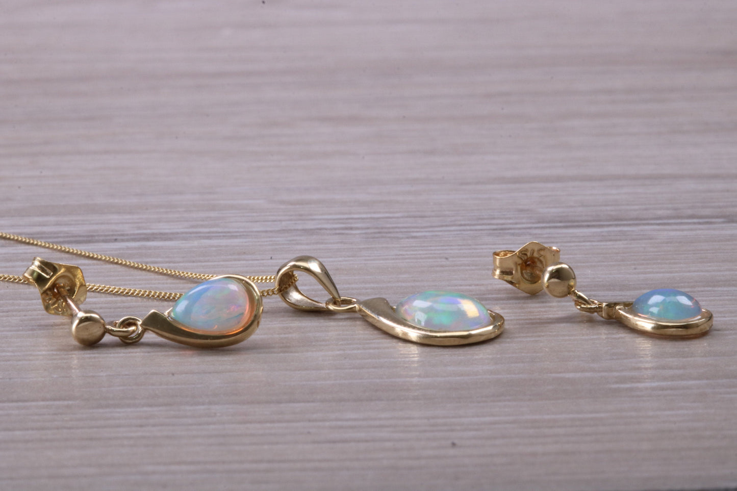 Fiery Natural Opal Dropper Earrings and Necklace Set, Solid 9ct Yellow Gold