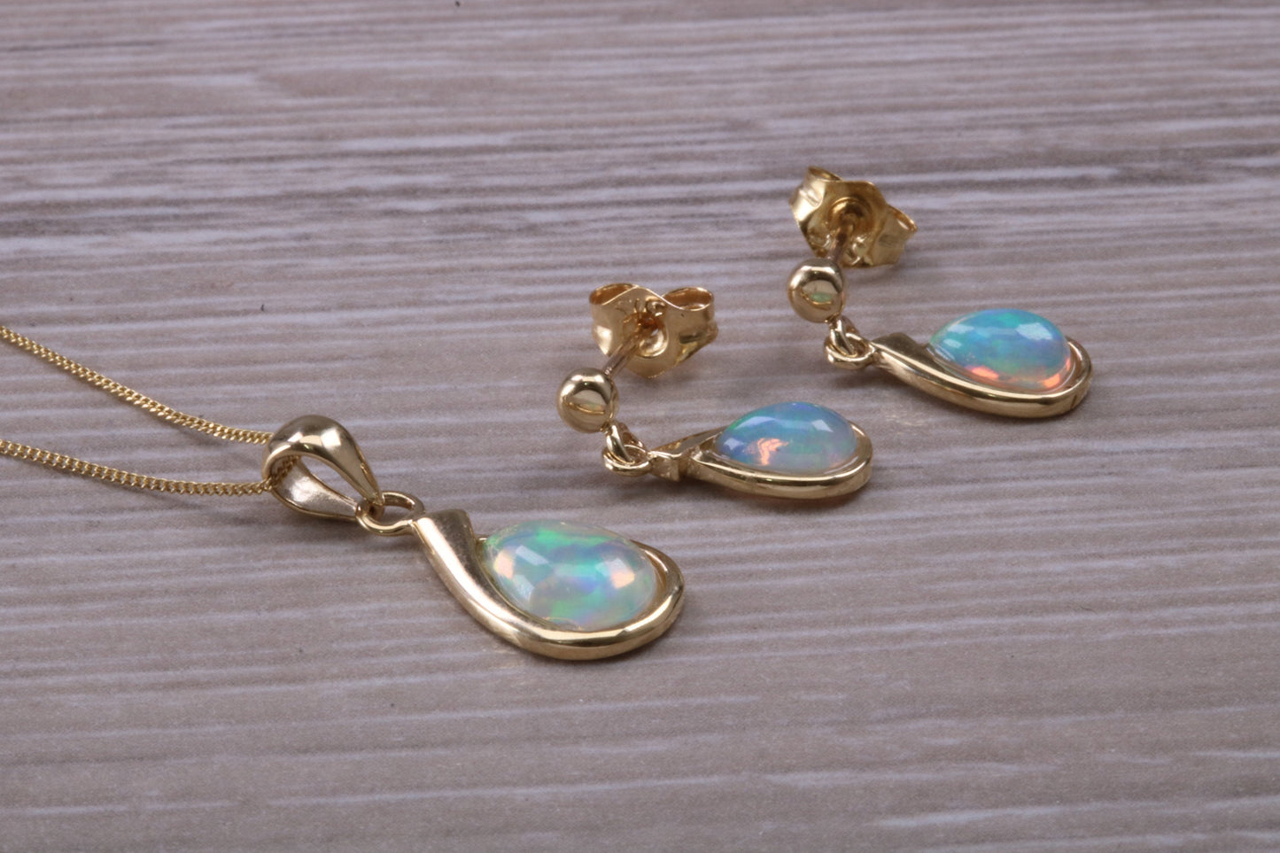 Fiery Natural Opal Dropper Earrings and Necklace Set, Solid 9ct Yellow Gold