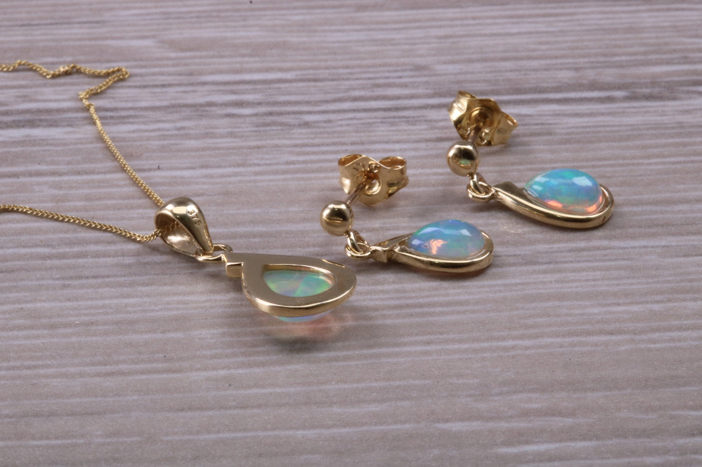 Fiery Natural Opal Dropper Earrings and Necklace Set, Solid 9ct Yellow Gold
