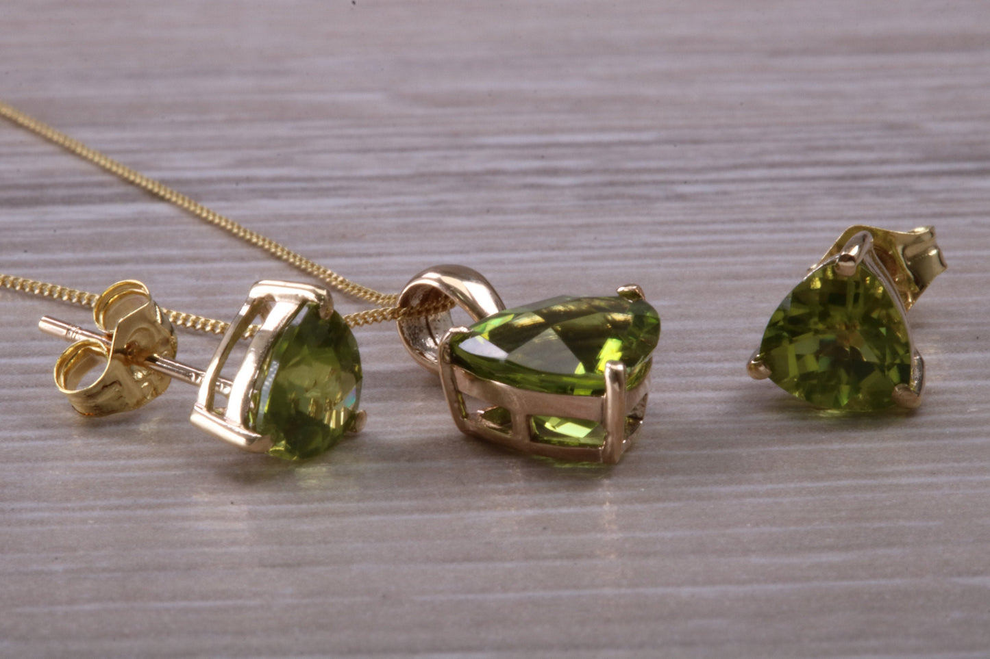 Peridot Earrings and Necklace Set, Solid 9ct Yellow Gold