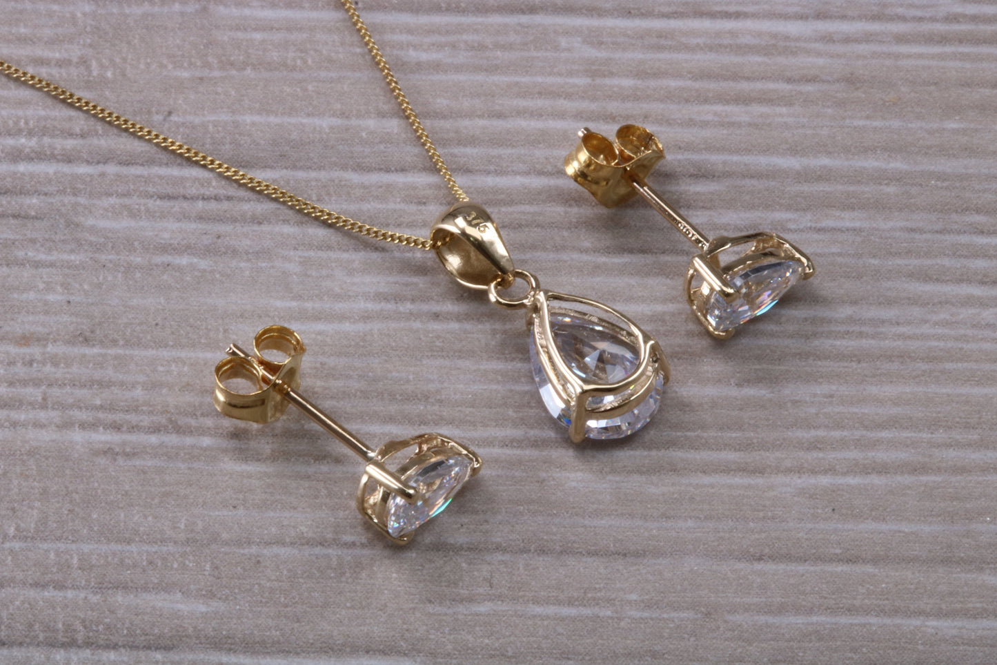 Teardrop cut Earrings and Necklace Set, Solid 9ct Yellow Gold