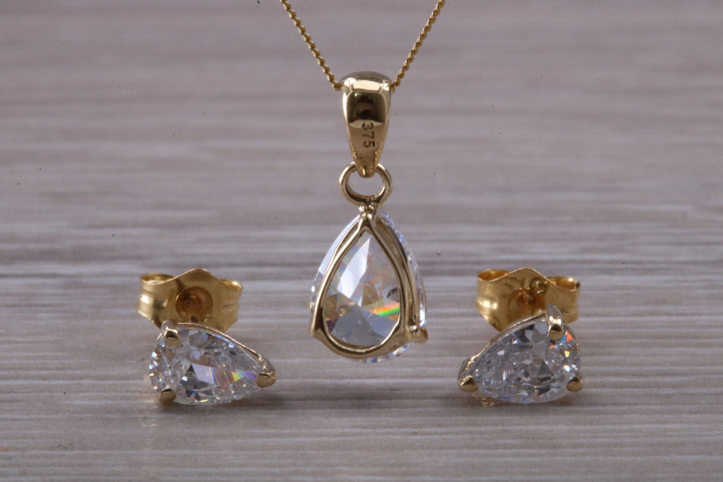 Teardrop cut Earrings and Necklace Set, Solid 9ct Yellow Gold