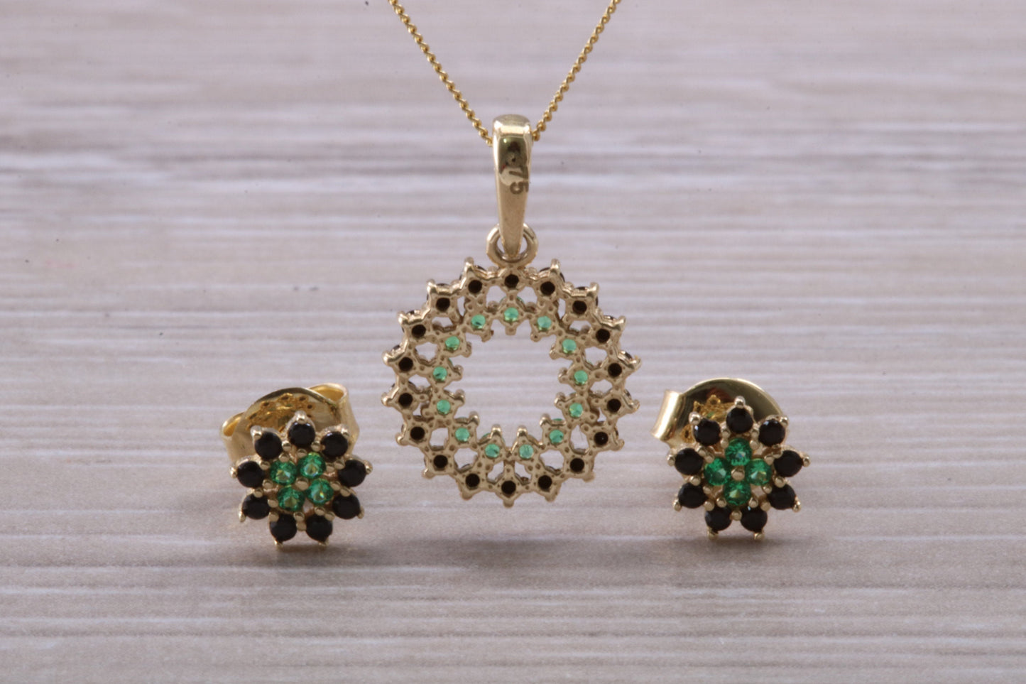 9ct Yellow Gold Real Sapphire and Real Emerald Necklace and Matching Earrings