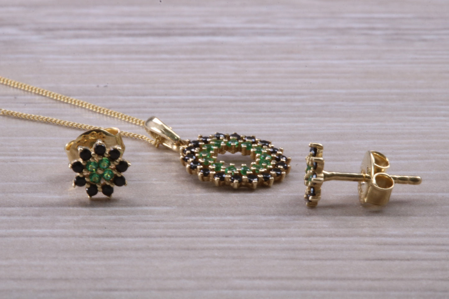9ct Yellow Gold Real Sapphire and Real Emerald Necklace and Matching Earrings