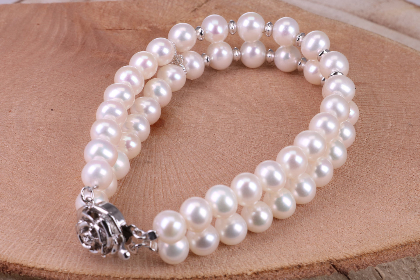 Double Row Freshwater Pearl Bracelet with Rose Flower Closure, made from Sterling Silver