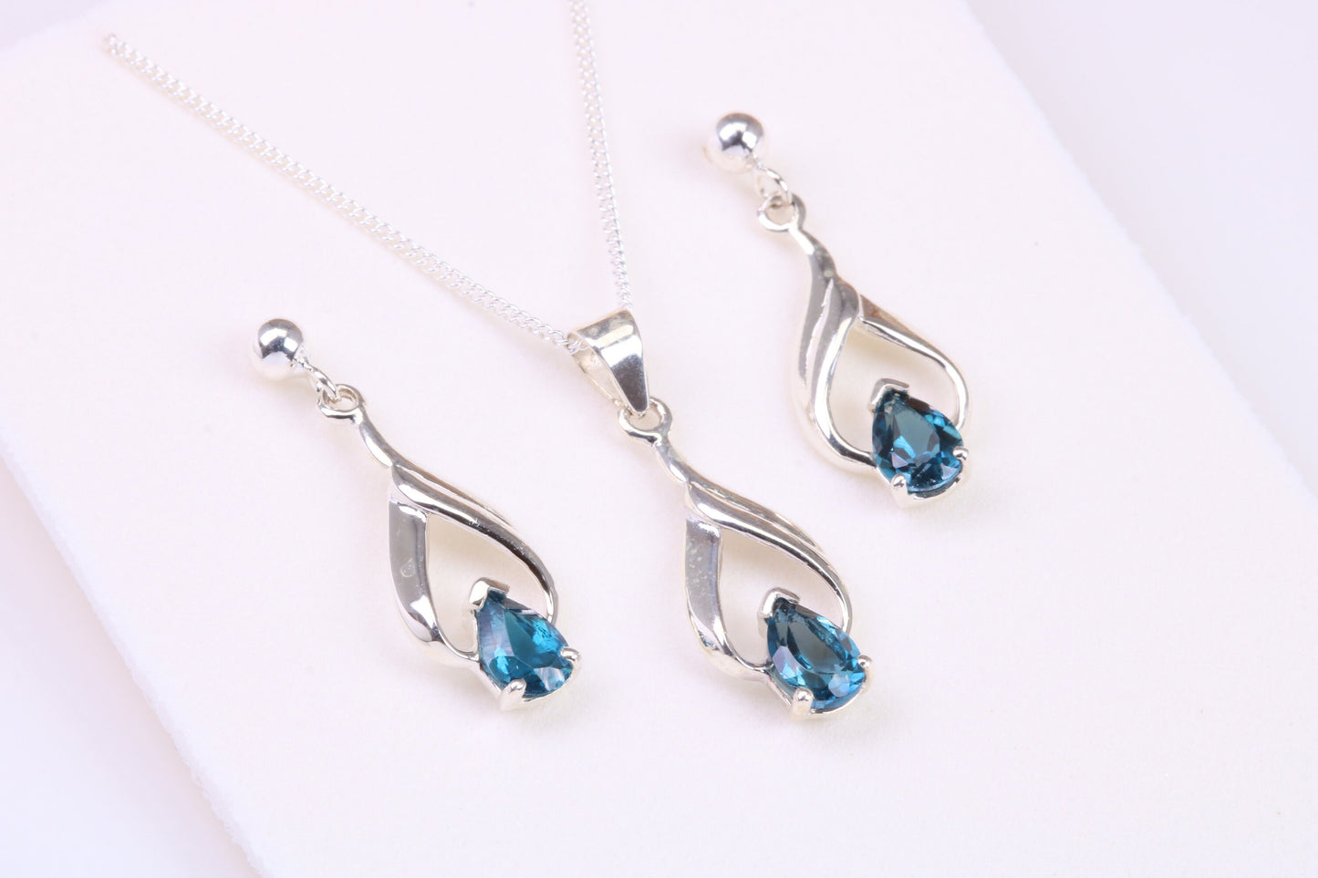 Teardrop Blue Sapphire C Z set Necklace and Earrings, made from solid Sterling Silver