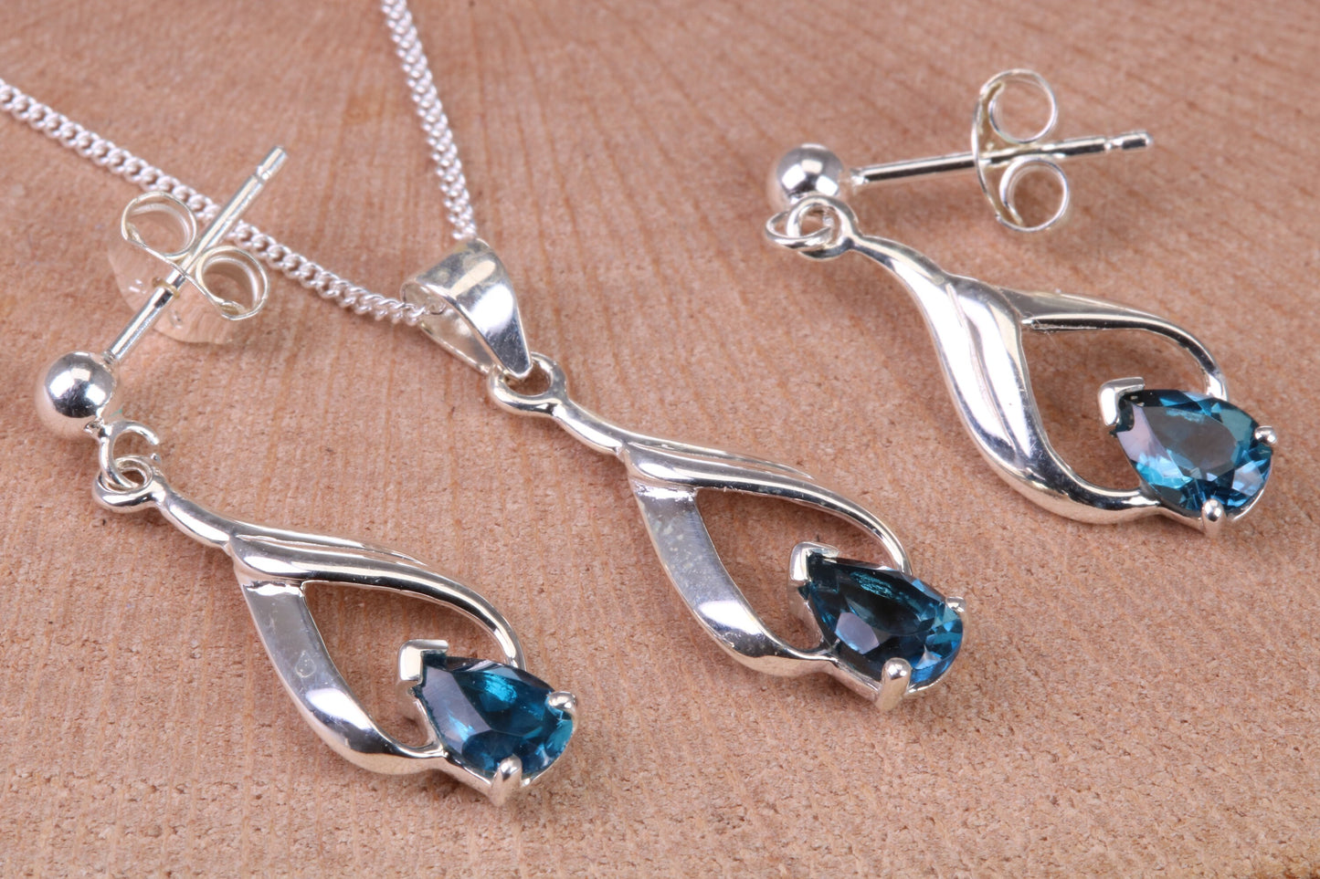 Teardrop Blue Sapphire C Z set Necklace and Earrings, made from solid Sterling Silver