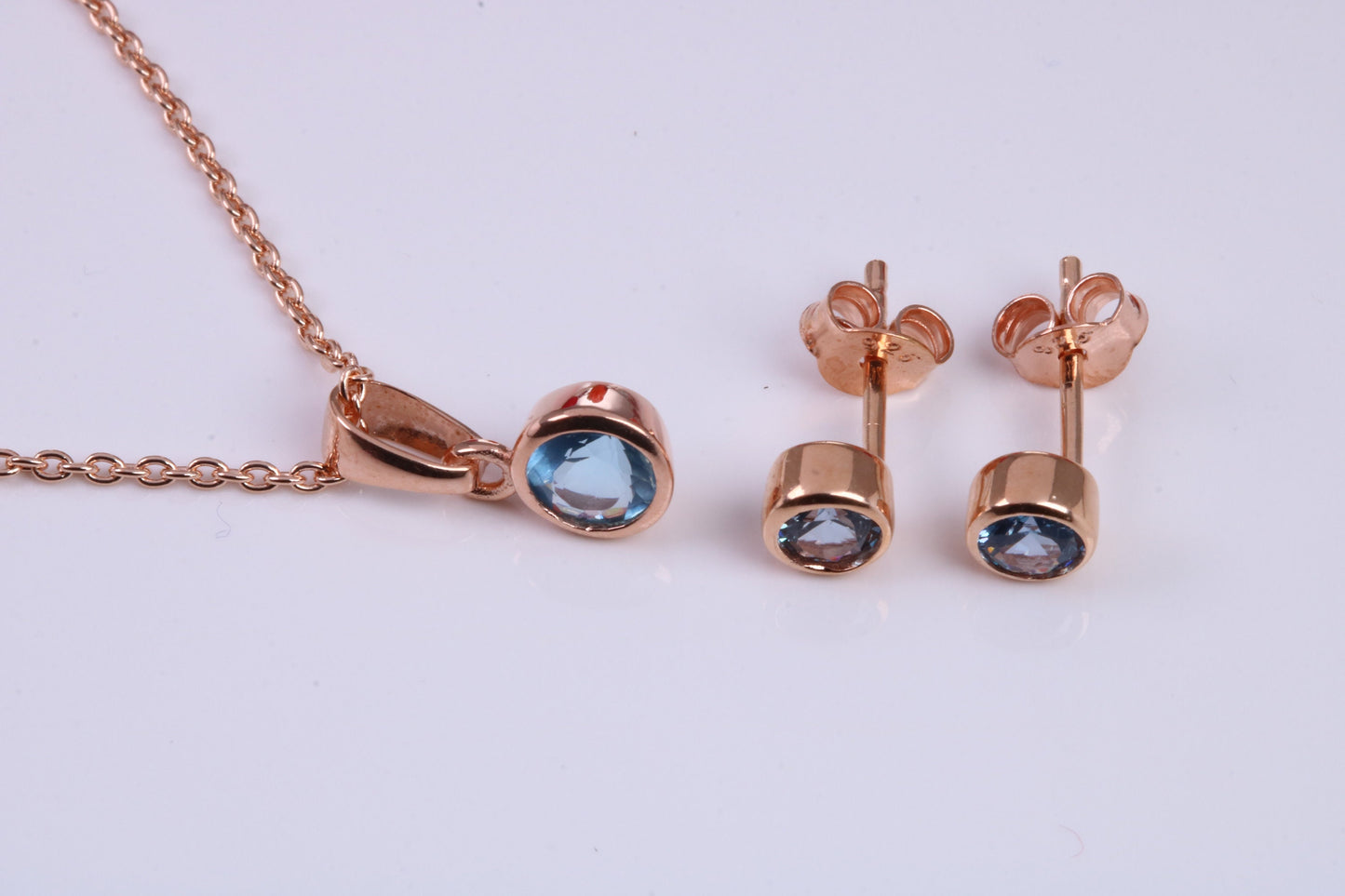 Real Blue Topaz Necklace and Matching Stud Earrings, made from solid Sterling Silver and 18ct Rose Gold Plated