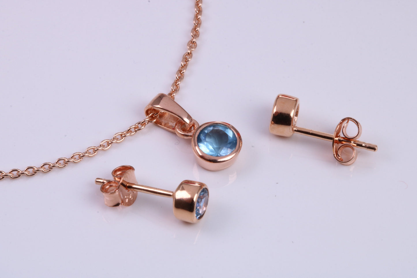 Real Blue Topaz Necklace and Matching Stud Earrings, made from solid Sterling Silver and 18ct Rose Gold Plated
