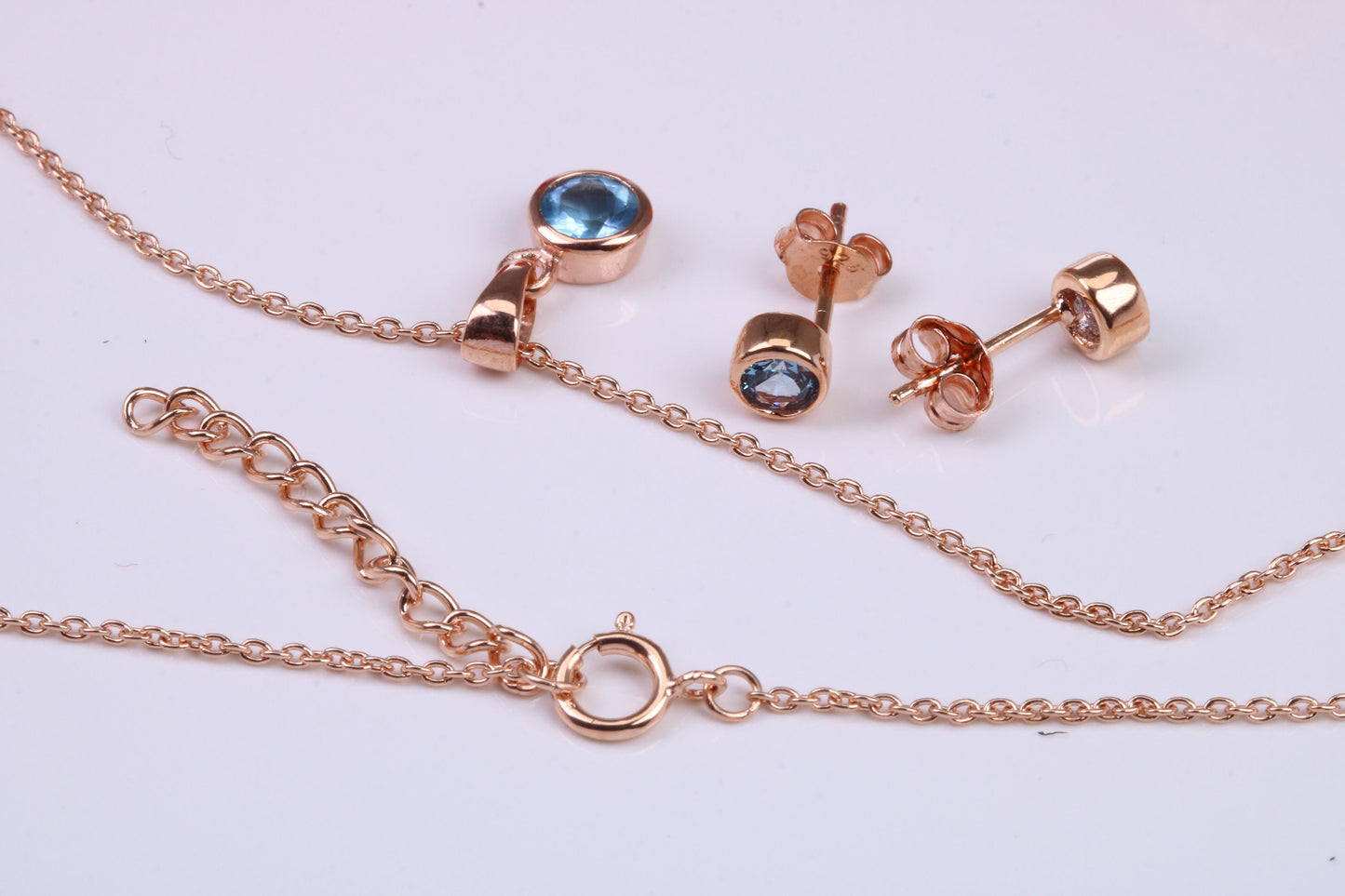 Real Blue Topaz Necklace and Matching Stud Earrings, made from solid Sterling Silver and 18ct Rose Gold Plated