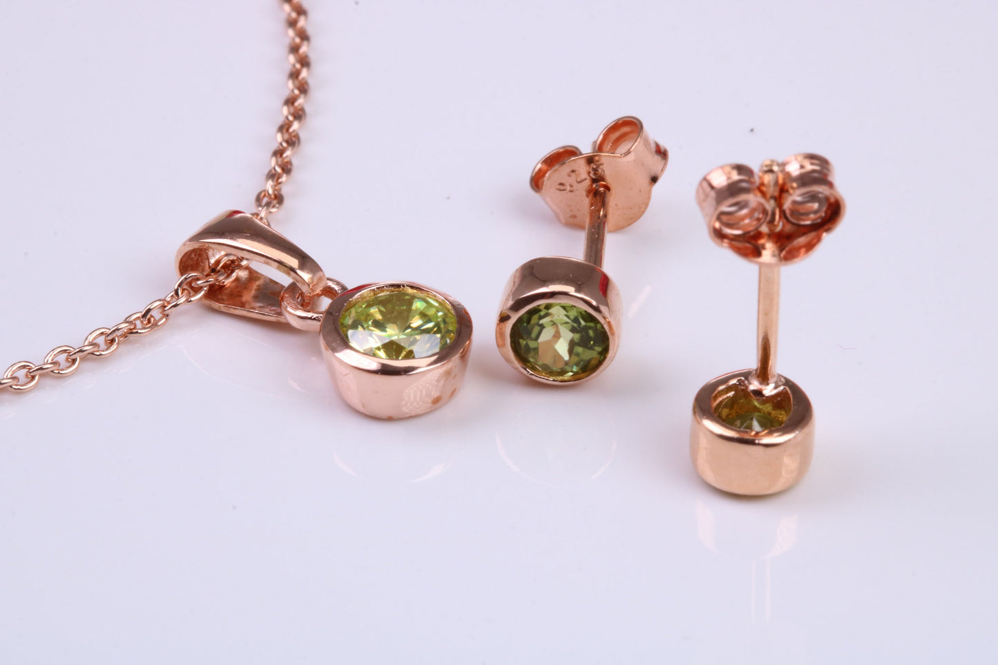 Real Peridot set Necklace and Matching Stud Earrings, made from solid Sterling Silver and 18ct Rose Gold Plated