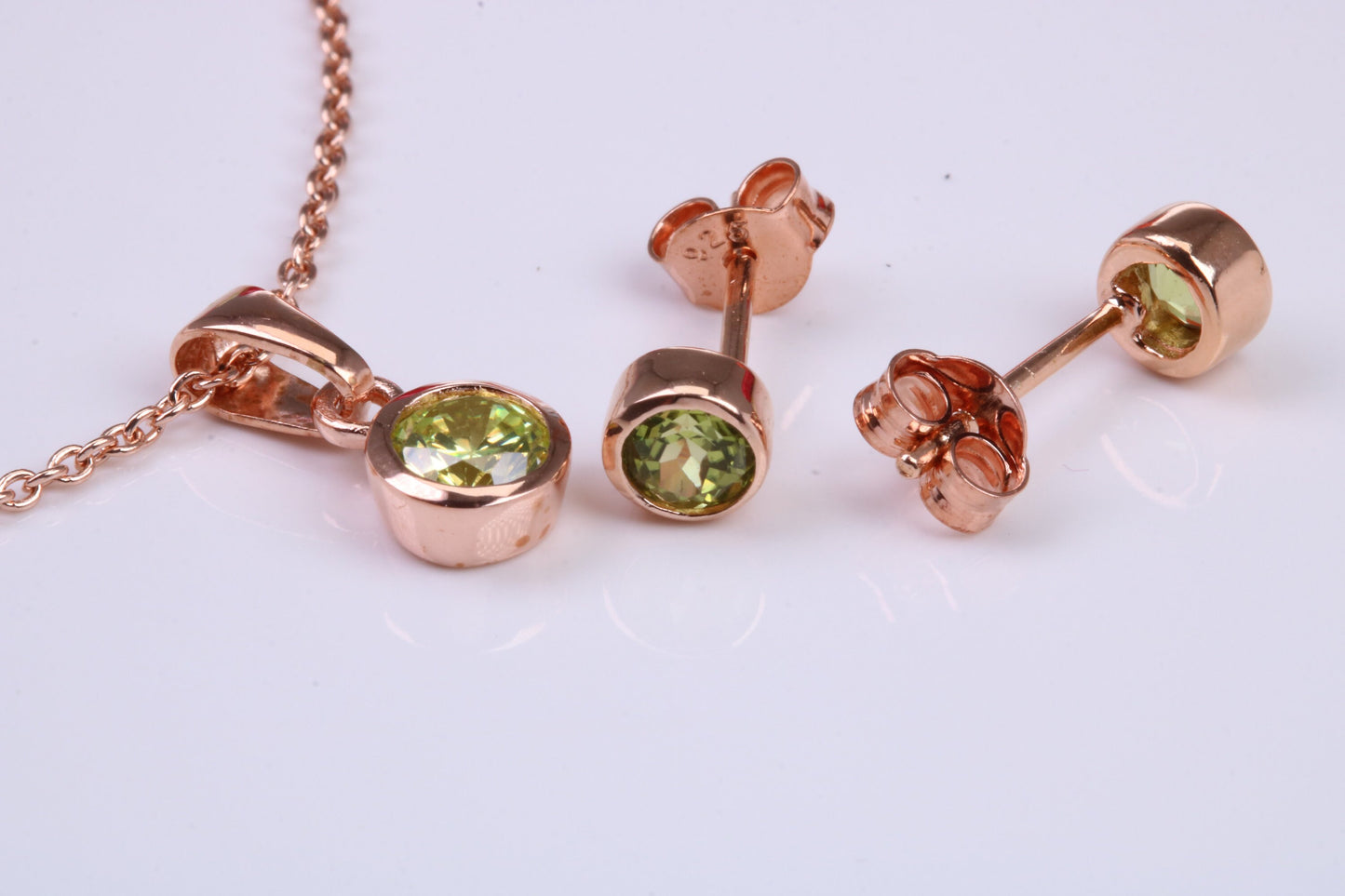 Real Peridot set Necklace and Matching Stud Earrings, made from solid Sterling Silver and 18ct Rose Gold Plated