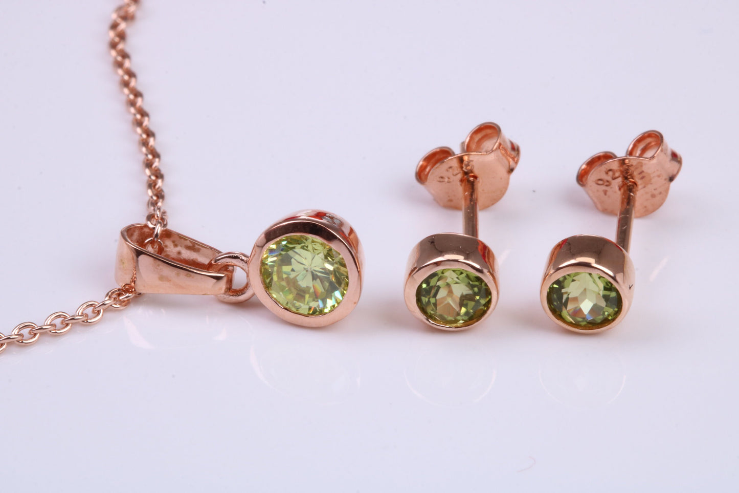 Real Peridot set Necklace and Matching Stud Earrings, made from solid Sterling Silver and 18ct Rose Gold Plated
