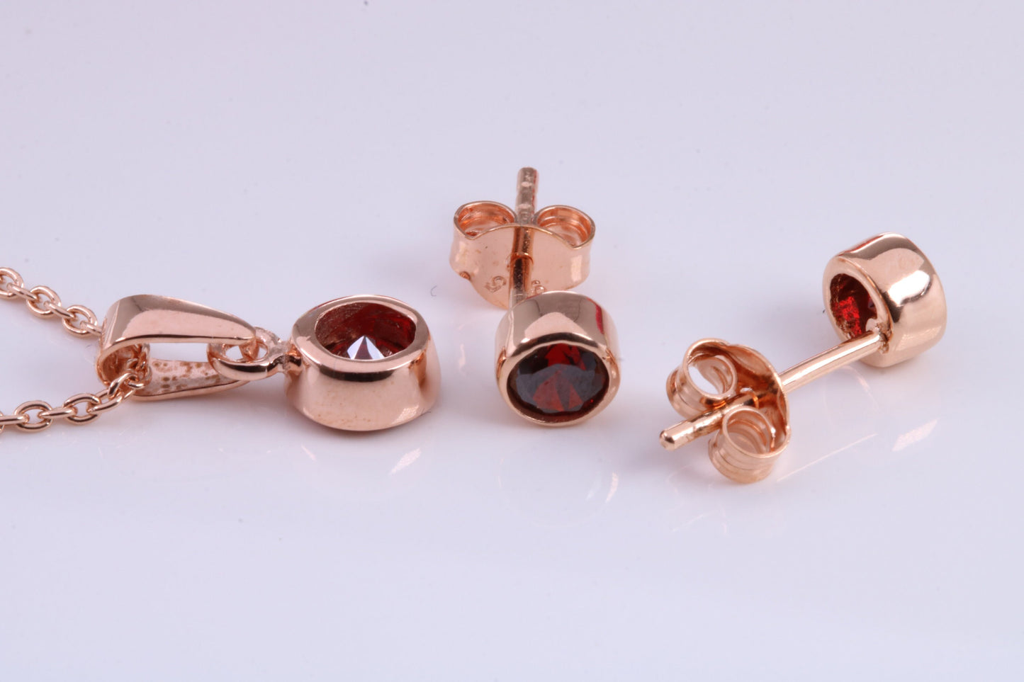 Real Garnet set Necklace and Matching Stud Earrings, made from solid Sterling Silver and 18ct Rose Gold Plated