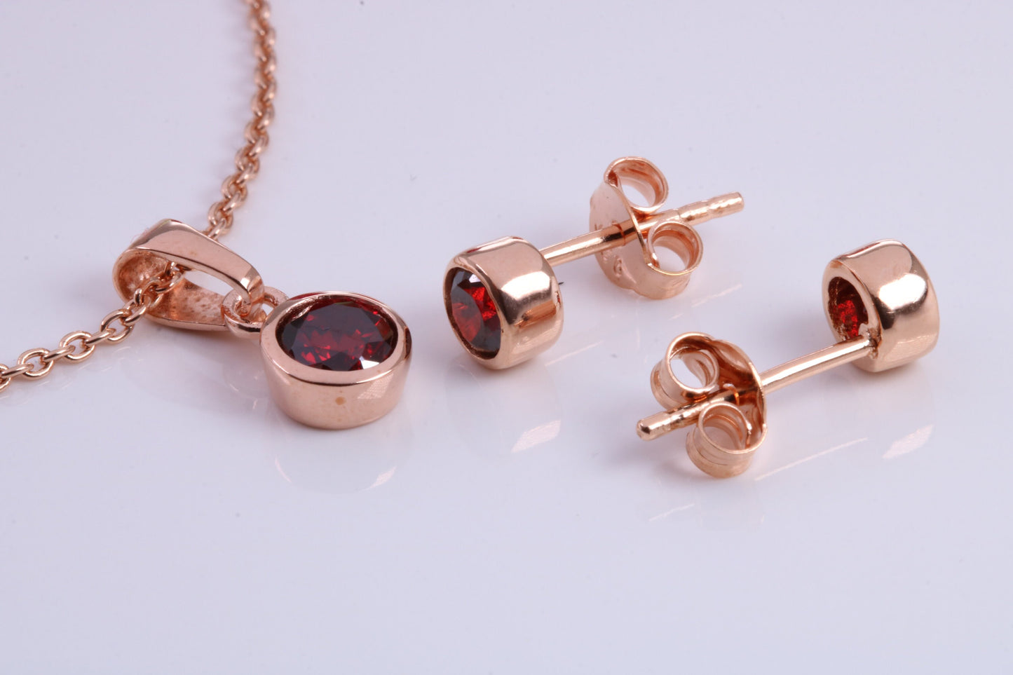 Real Garnet set Necklace and Matching Stud Earrings, made from solid Sterling Silver and 18ct Rose Gold Plated