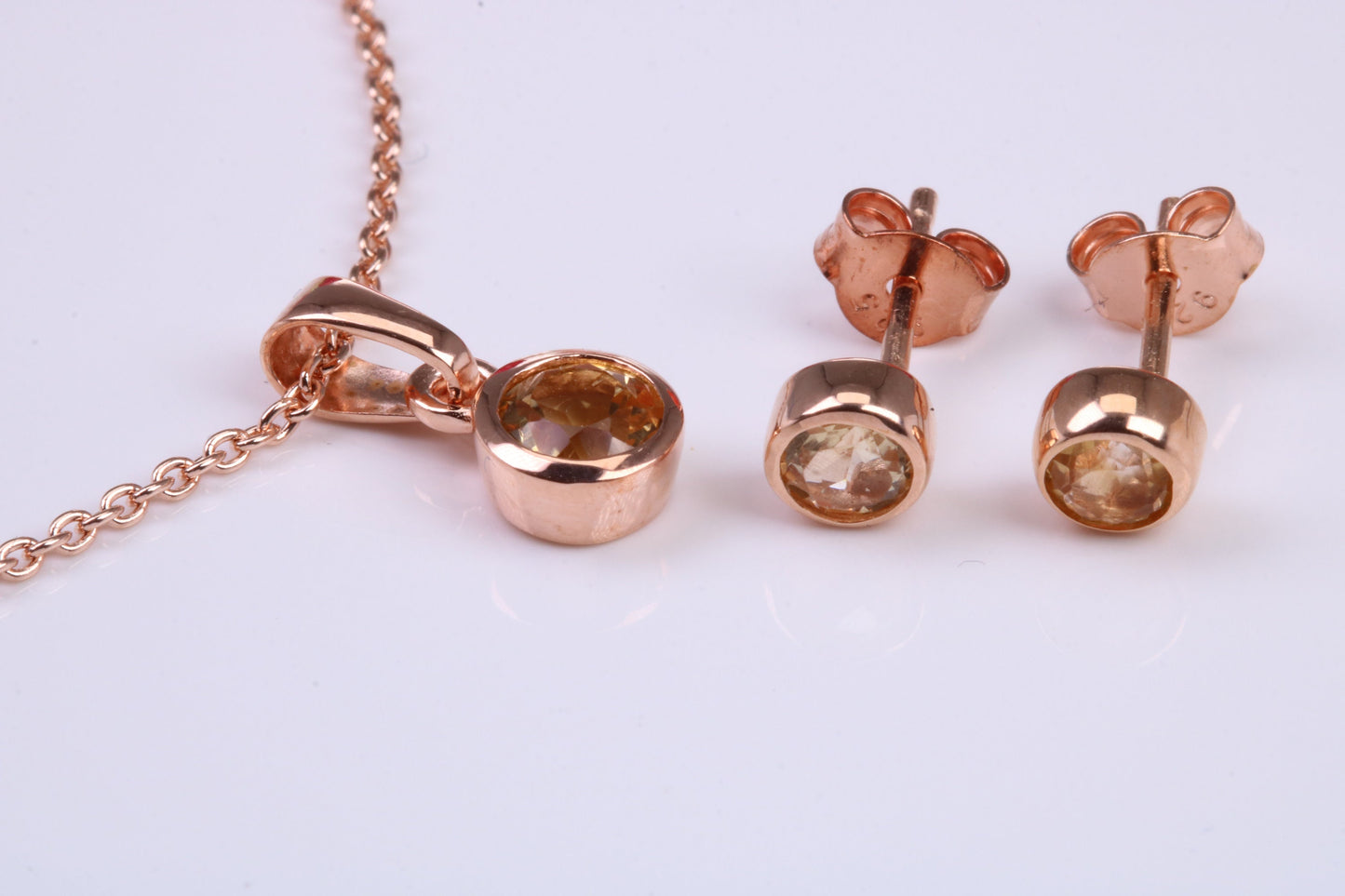 Real Citrine set Necklace and Matching Stud Earrings, made from solid Sterling Silver and 18ct Rose Gold Plated
