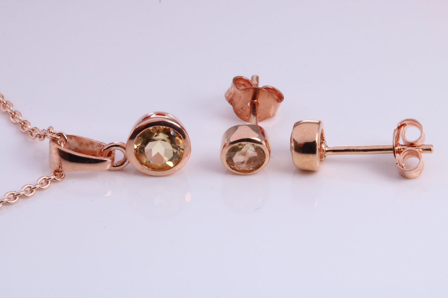 Real Citrine set Necklace and Matching Stud Earrings, made from solid Sterling Silver and 18ct Rose Gold Plated